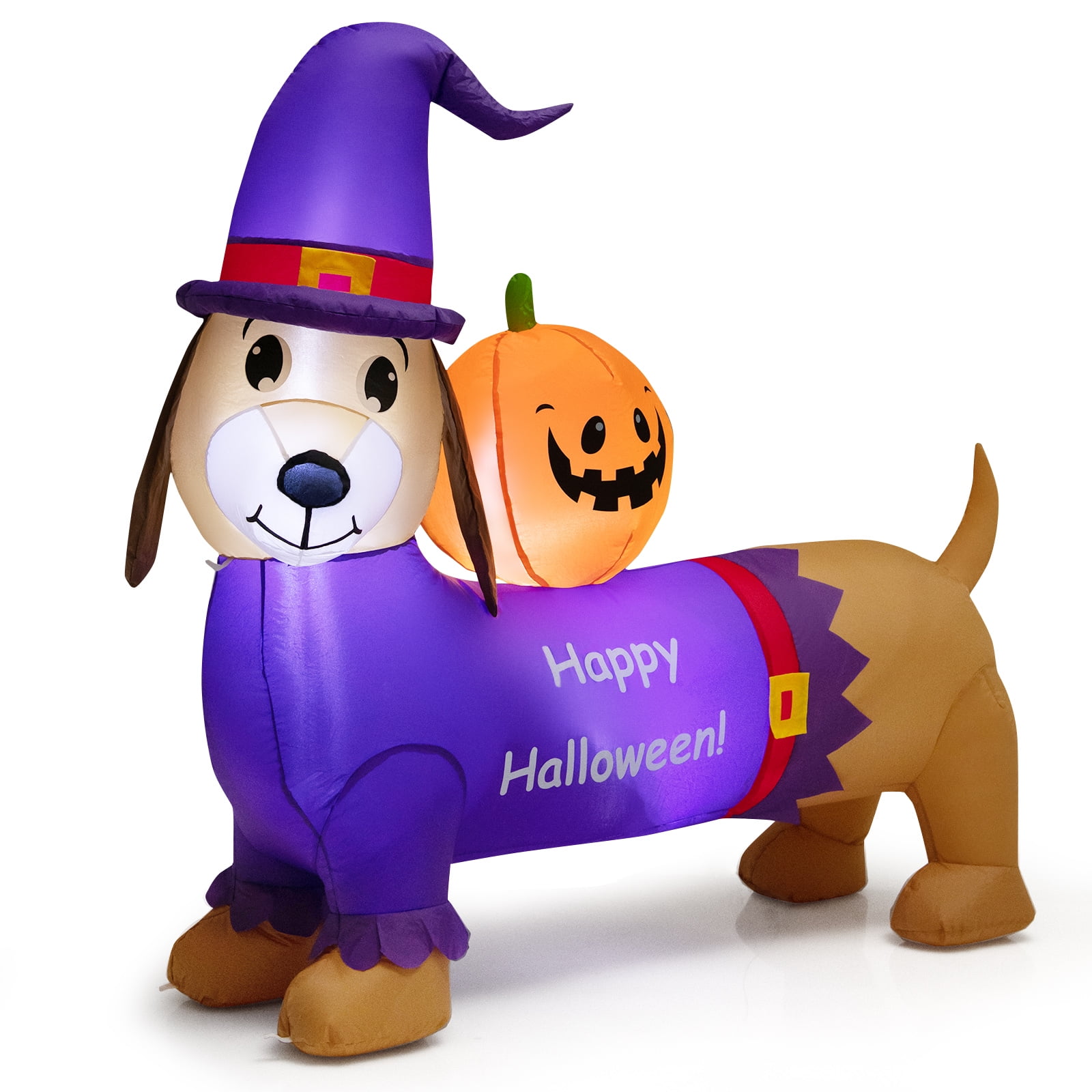 Topbuy 5FT Long Halloween Inflatable Dachshund Dog Blow Up Outdoor Wiener Dog with Pumpkin Witch Hat Cute Inflatable Dog Decoration Prop with LED Lights Ground Stakes Walmart