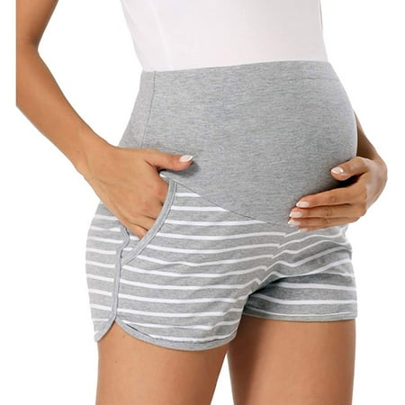 

HOMBOM Summer Pants Women Summer Casual Maternity Solid Strip Splicing Protect Abdomen Pregnant Shorts Pants Gray M(6)