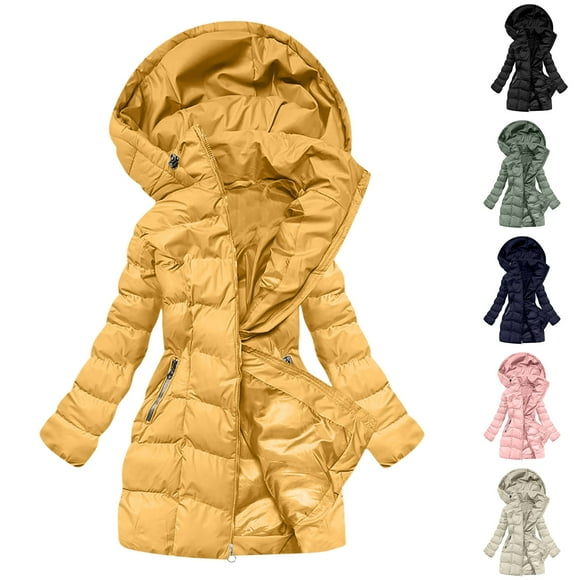 JURANMO Winter Trendy Down Jackets for Women Fleece Lined Warm Slim Quilted Coat Solid Color Hood Mid Length Outwear Deals of the Day Black M