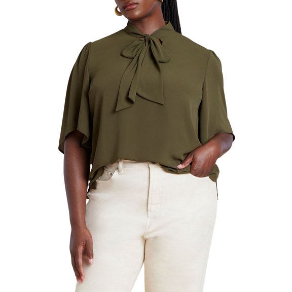 ELOQUII Women's Plus Size Bow Blouse With Flutter Sleeve