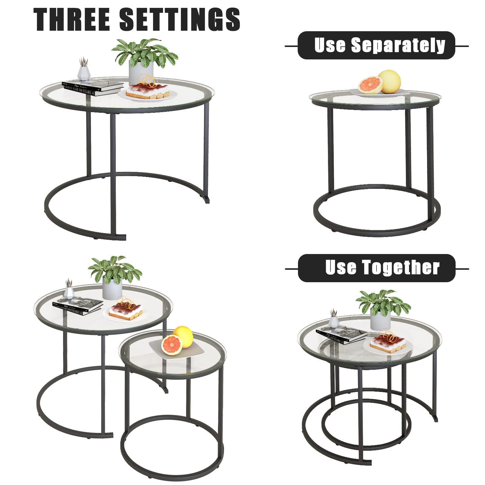 Nesting Coffee Table Set of 2,Modern Black Tempered Glass Side Table, Metal Frame Round End Table.Small Glass Tea Table for Living Room,Bedroom Studio Apartment Essentials，17.7IN