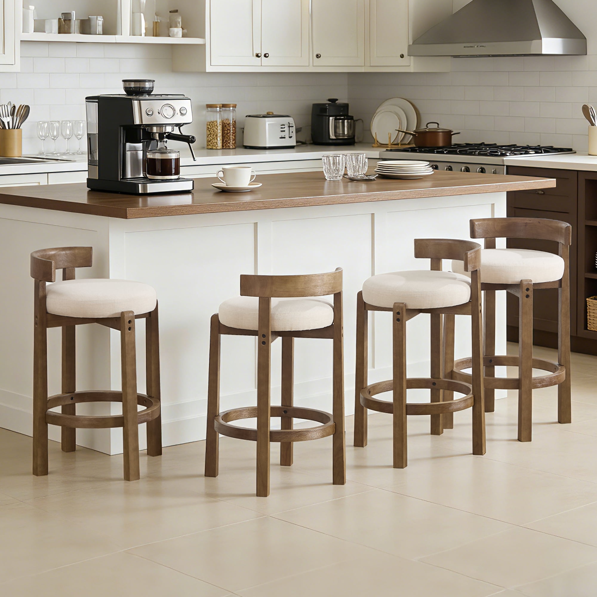 Nordic Style Solid Wood Bar Stool Set of 2 - High Stool for Home Kitchen Island & Bar, Comfortable & Stable
