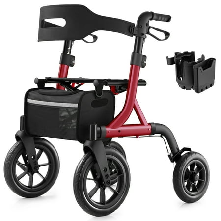 MAXWALK Rollator Walker for Seniors, 12" Big Rubber Wheels Foldable All Terrain Outdoor Aluminum Rolling Walker with Breathable Mesh Backrest, Height Adjustment for 5-6.5ft, Red