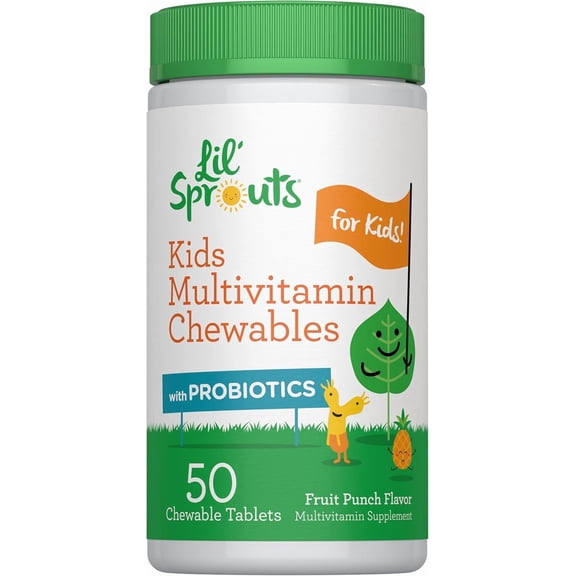 Lil' Sprouts Kids Multivitamin with Probiotics | 50 Chewable Tablets | Fruit Punch Flavor | Non-GMO and Gluten Free