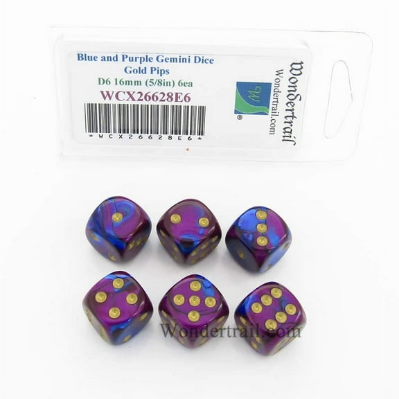 Blue and Purple Gemini Dice with Gold Pips D6 16mm (5/8in) Pack of 6 Wondertrail