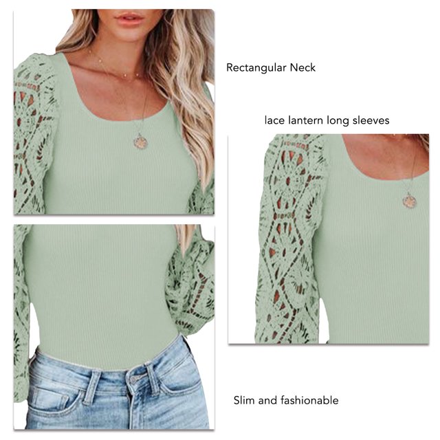 Top de Punto Acanalado de Manga Larga de Encaje ANGGREK Jersey de Encaje para Mujer Alta Elasticidad Ajustado