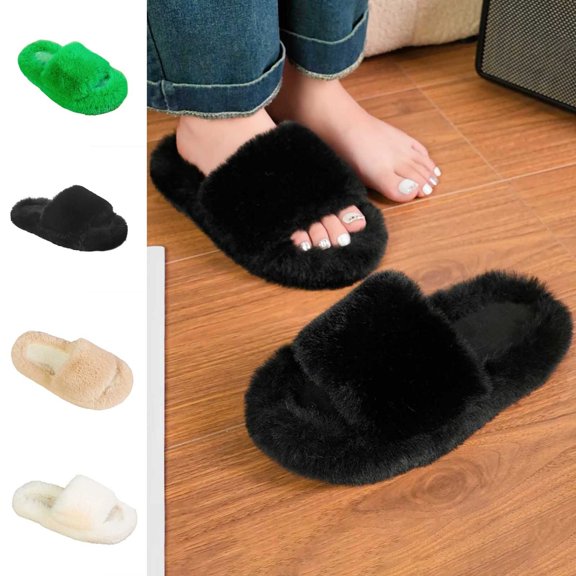 WAVSUF Women's Slippers Slide On Anti Slip Open Toe Winter Warm House Slippers Black 7.5