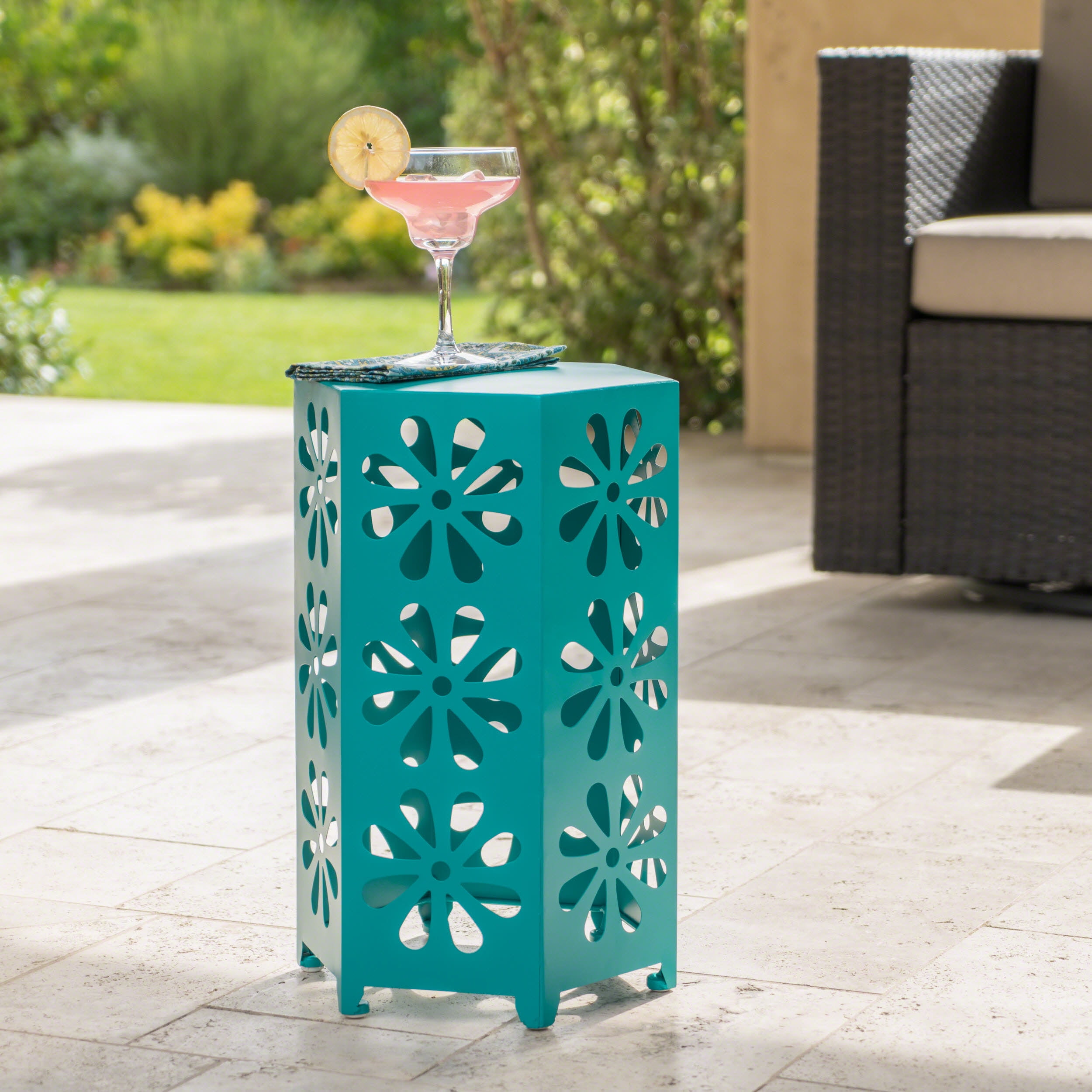Ellison Outdoor 12 Inch Iron Floral Side Table, Teal
