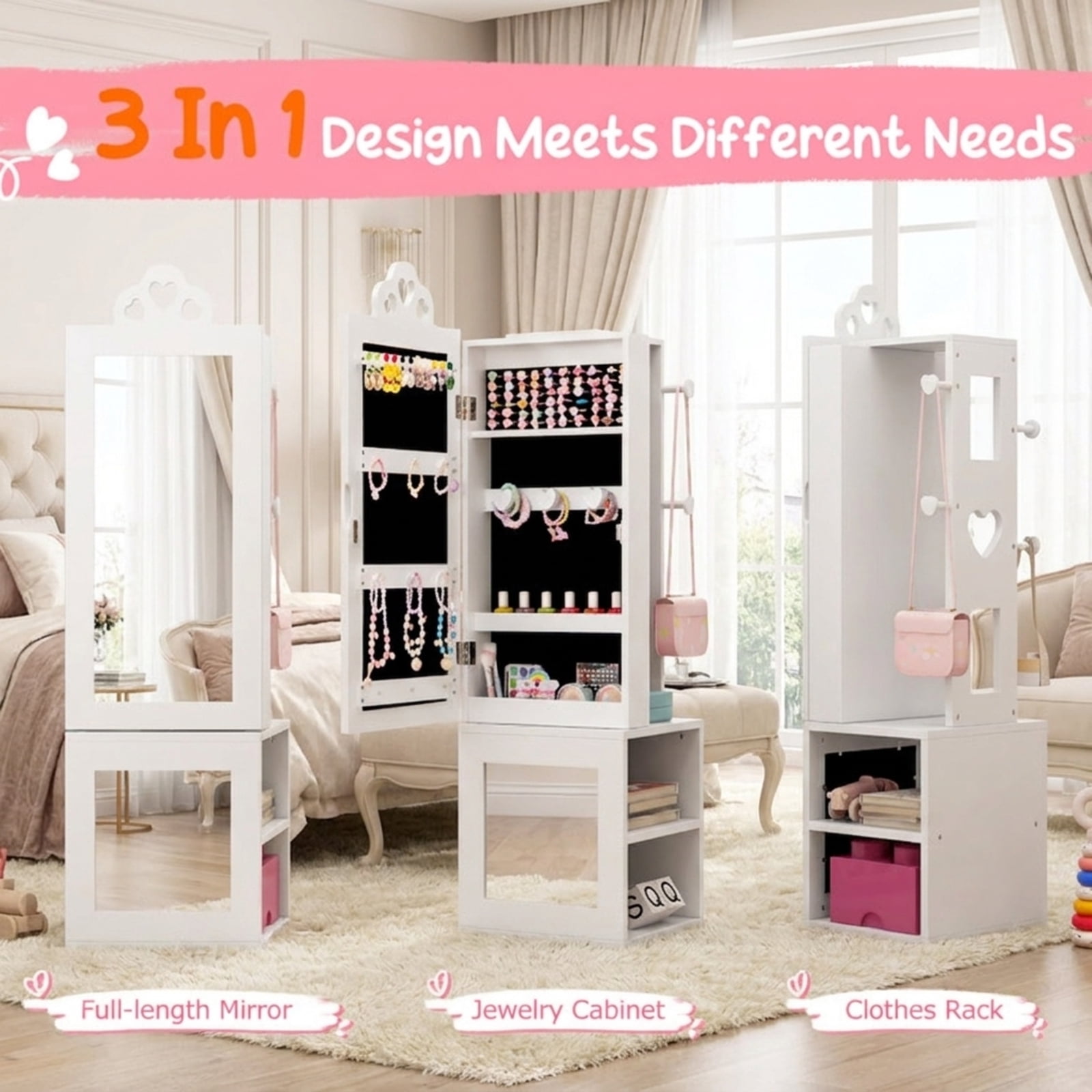Furnibear Princess Vanity Table and Stool Set with Freestanding Jewelry Cabinet Armoire and Full-Length Mirror for the Bedroom, White