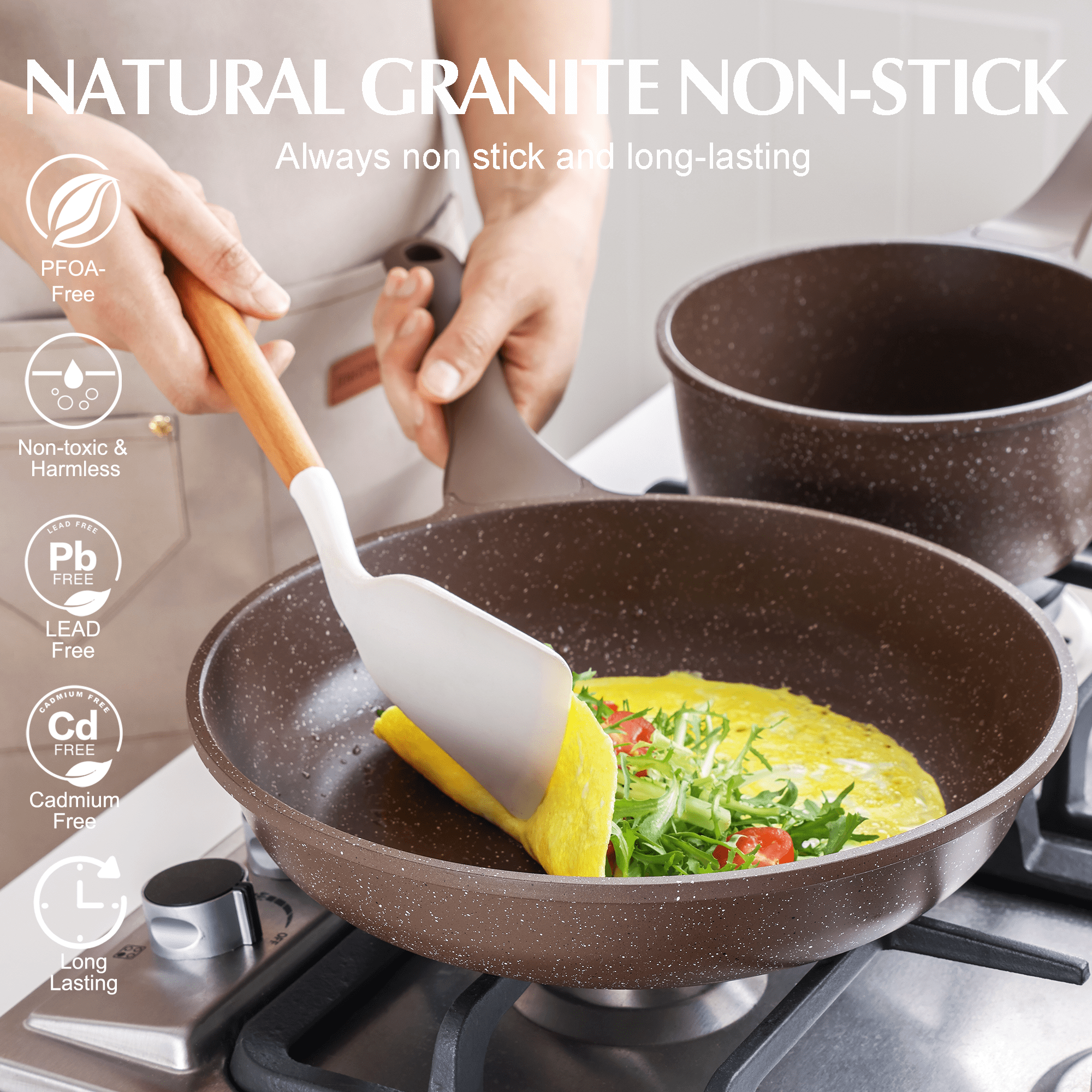 SENSARTE Nonstick Pots and Pans Set, 21 Pieces Non Stick Granite Cookware Set Brown, Induction Kitchen Cookware Sets Toffee Brown