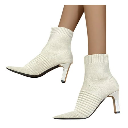 

ERTUTUYI Women s Stripe Square Printed Toe Slip On High Heel Short Naked Boots Shoes Beige 37