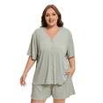 thumbnail image 5 of Homlouue Plus Size Women's Pajama Sets,Ribbed Knit Cooling Summer Lounge Set with Pockets,V-Neck Button Down Short Sleeve Top and Shorts,3XL,Green, 5 of 8