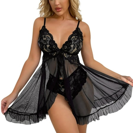 Sexy Nightwear For Women Women Sexy Lingerie Open Front Dress Lace Chemise Sleepwear Mesh Nightgown With Thong  Women s Intimates M