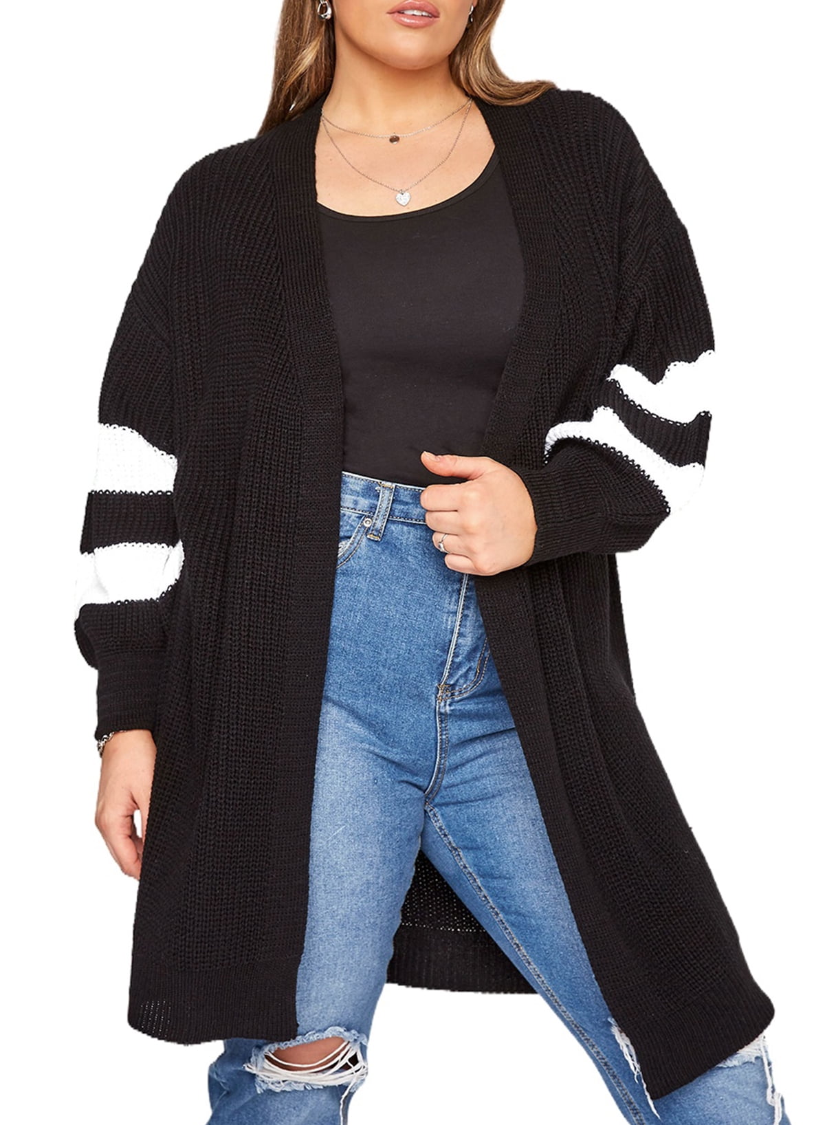 Eytino Women Plus Size Cardigan Sweaters Long Sleeve Striped Color