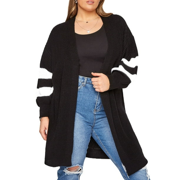 Eytino Women Plus Size Cardigan Sweaters Long Sleeve Striped Color