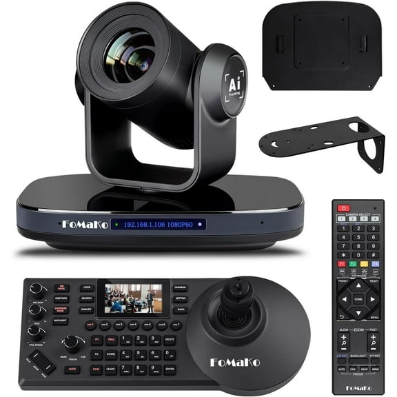 FoMaKo PTZ Camera HDMI 1080P60 AI Auto-Tracking PTZ Camera 20X Optical Zoom, PTZ Controller PoE 3" LCD Screen Preview for Church Worship Education Conference Events, PTZ Bundle K20  KC608