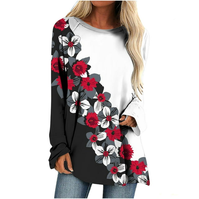 IROINID Tunique en Solde pour Femmes Chemise Surdimensionnée Décontractée Manches Longues Col Rond Blouse Ample Imprimé Graphique, Blanc
