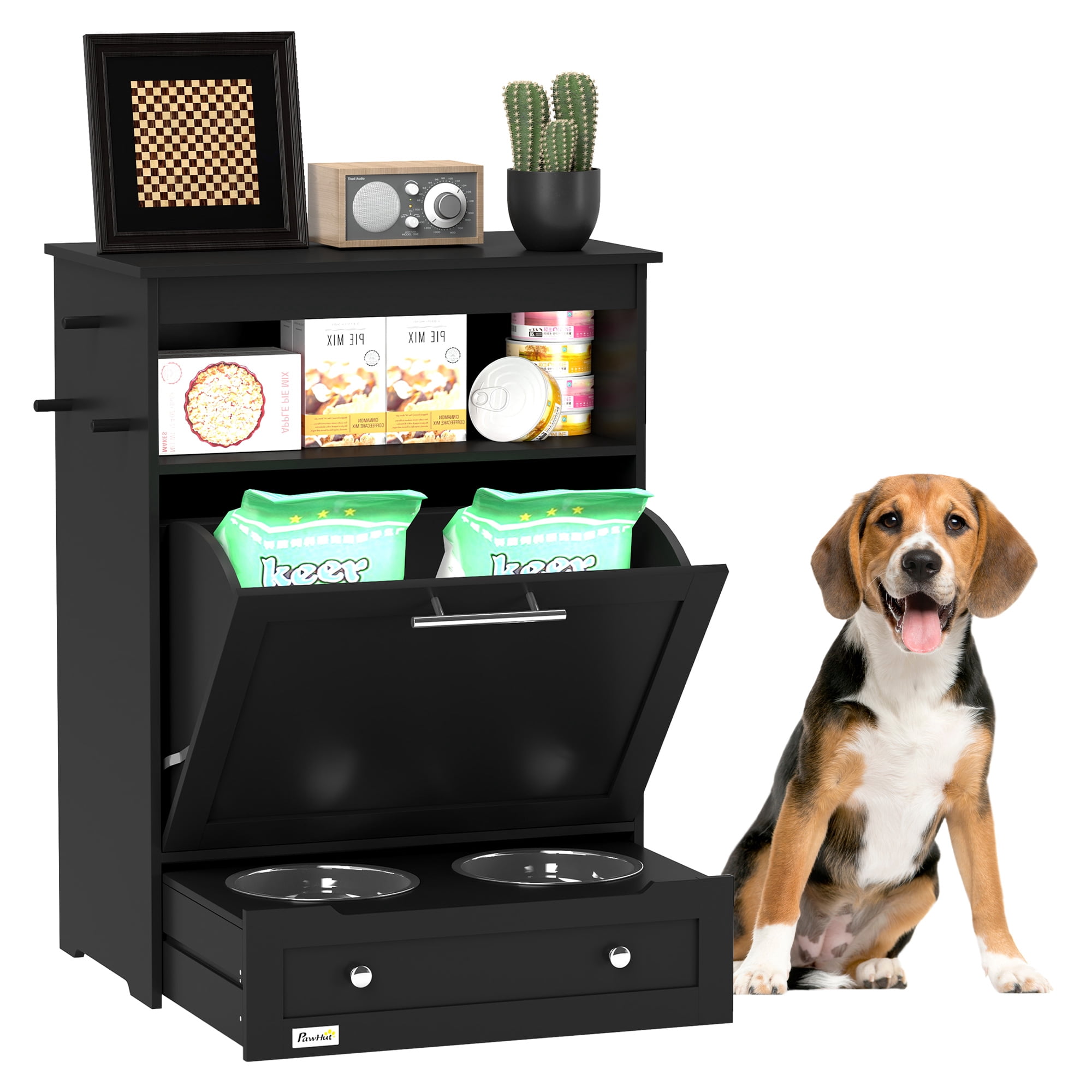 PawHut Pet Feeder Station Storage Cabinet, Storage Container, Black