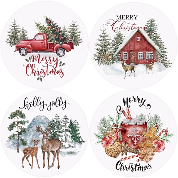 Fzchyzoar Merry Christmas Coasters Set of 4 Watercolor Farmhouse Drink Coaster Xmas Tree Truck Absorbent Ceramic Coaster Holiday Cup Mat for Mugs Cups Home Kitchen Office Party Table Decoration