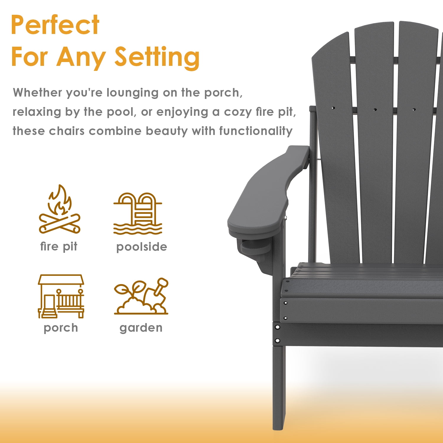 Pipopa Outdoor Folding HDPE Adirondack Chair with Cup Holder,All-Weather Patio Chair for Garden,Backyard,Pool,Grey