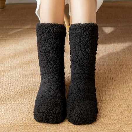 

Winter Fashion Bedroom for Women Wearing Plush Carpet Solid Color Socks Plush Thickened Sleep Snow Socks Black