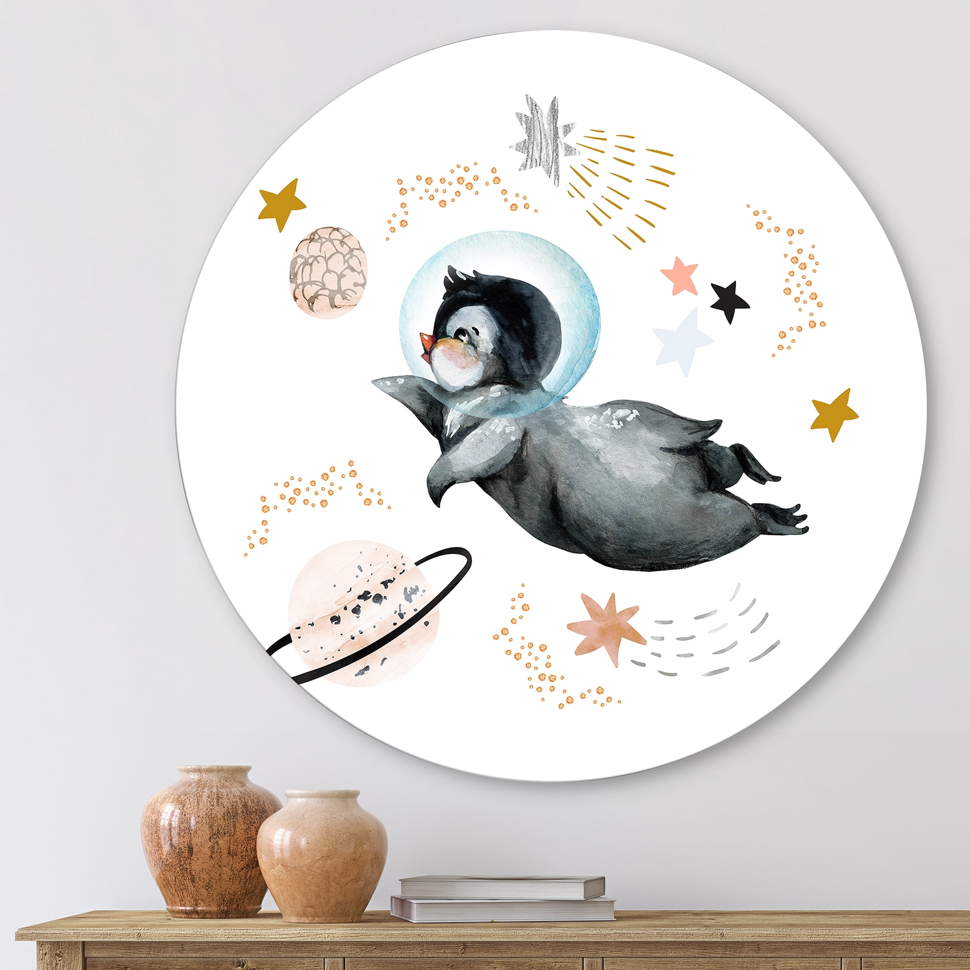 Designart 'Little Penguin Flying Planets and Stars II' Farmhouse Circle Metal Wall Art 23x23 - Disc of 23