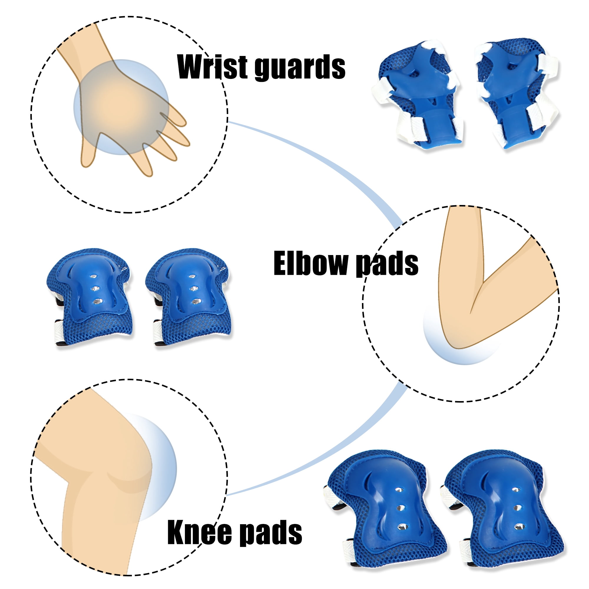 Unique Bargains 6-Pack Skate Knee Palm Elbow Guard Support Protection Pad White Blue