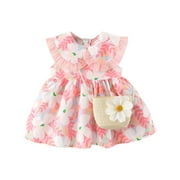 QTBIUQ Toddler Baby Girls Dress Print Baby Sleeveless Tank Top Dress Cute Doll Collar Princess Dress + Satchel