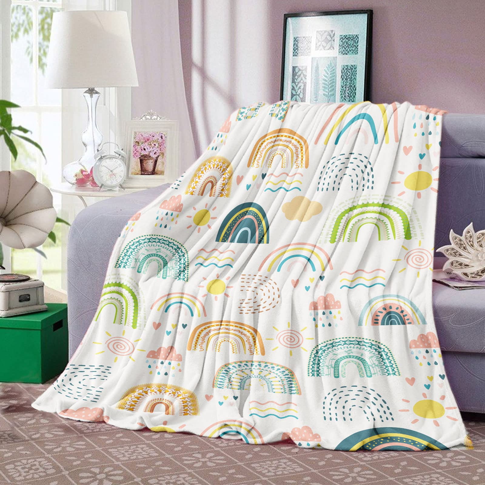 Kainsy Boho Rainbow Throw Blanket for Girls, Cozy Bohemian Rainbow Blanket, Soft Flannel Rainbow Blanket Kids, Fluffy Fleece Rainbow Blankets for Toddler Childs Daughter Gifts Sofa Couch Bed,(50"x60")