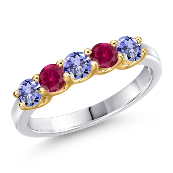 Gem Stone King 925 Silver and 10K Yellow Gold Blue Tanzanite and Red Created Ruby Wedding-Bands Ring for Women | 1.04 Cttw | Round 3.5MM | Gemstone December Birthstone | Size 5