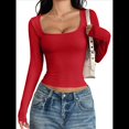 thumbnail image 2 of Camisas de Larga para Mujer, Tops Cortos, Cuello Cuadrado, Camisetas Básicas para Salir, Ropa de Invierno Y2K 2025 Rojo M, 2 of 7