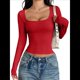 thumbnail image 2 of Camisas de Larga para Mujer, Tops Cortos, Cuello Cuadrado, Camisetas Básicas para Salir, Ropa de Invierno Y2K 2025 Rojo M, 2 of 7