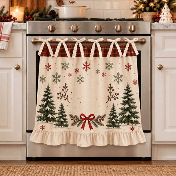 Christmas Oven Skirt Curtain, 21.26 x 29.92 Inch Handmade Plaid Kitchen Appliance Curtain with Ruffle Tie Top for Oven Dishwasher Farmhouse Holiday Decor, 1PC