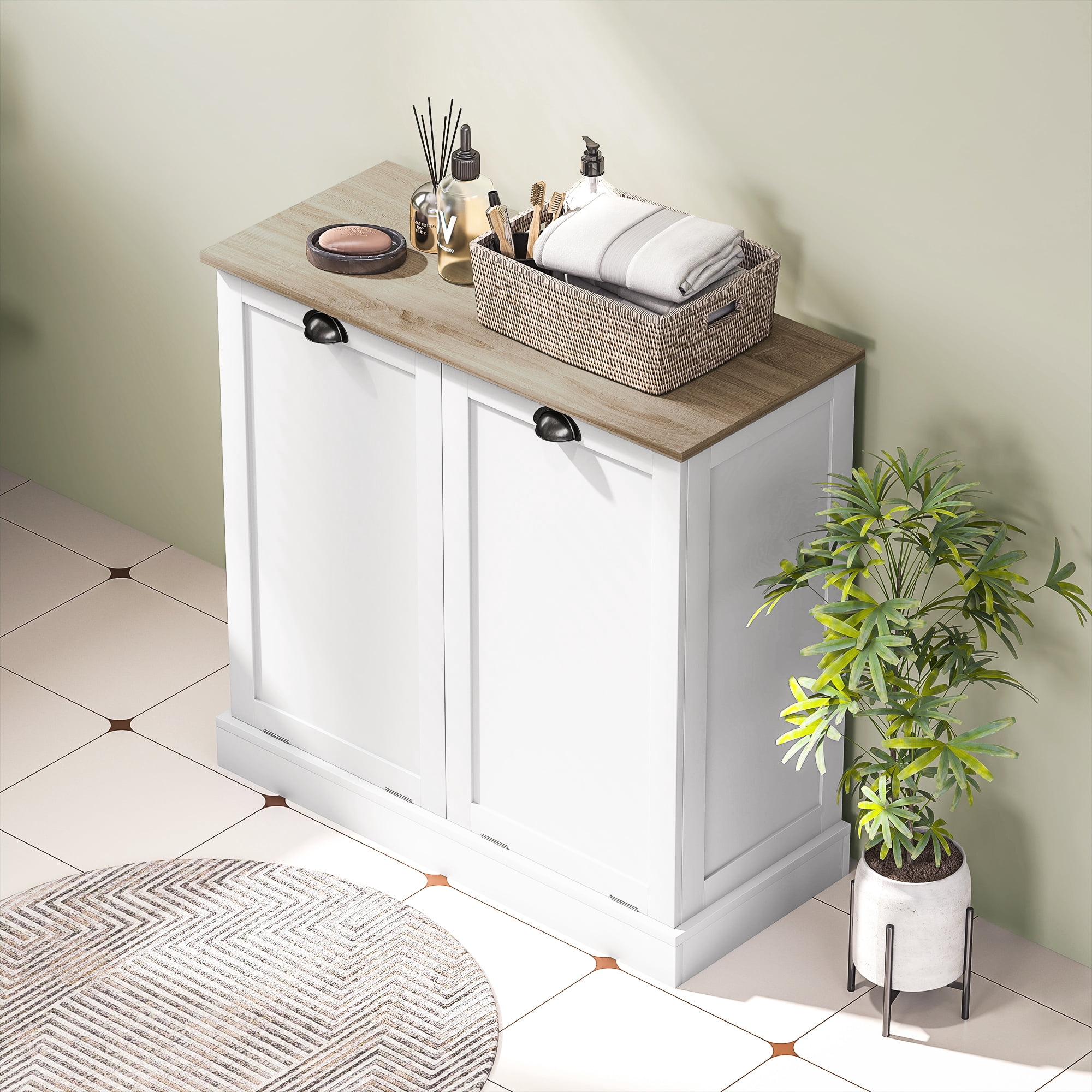 HOQBN Dual Tilt out Laundry Hamper Cabinet with 2 Removable Basket, Modern Bathroom Storage Cabinet with Shaker Doors and Handles, White