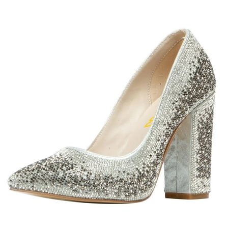 FSJ Women Chic Sparkly Rhinestone Studded Pointed Closed Toe Pumps Chunky Block High Heel Slip On Wedding Party Formal Shoes Size 6 Silver