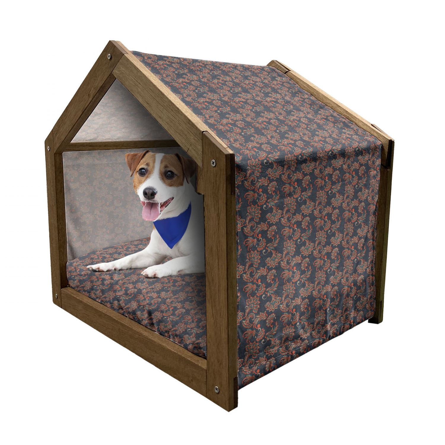 Floral Patterned Wooden Dog House with Canopy and Pillow
