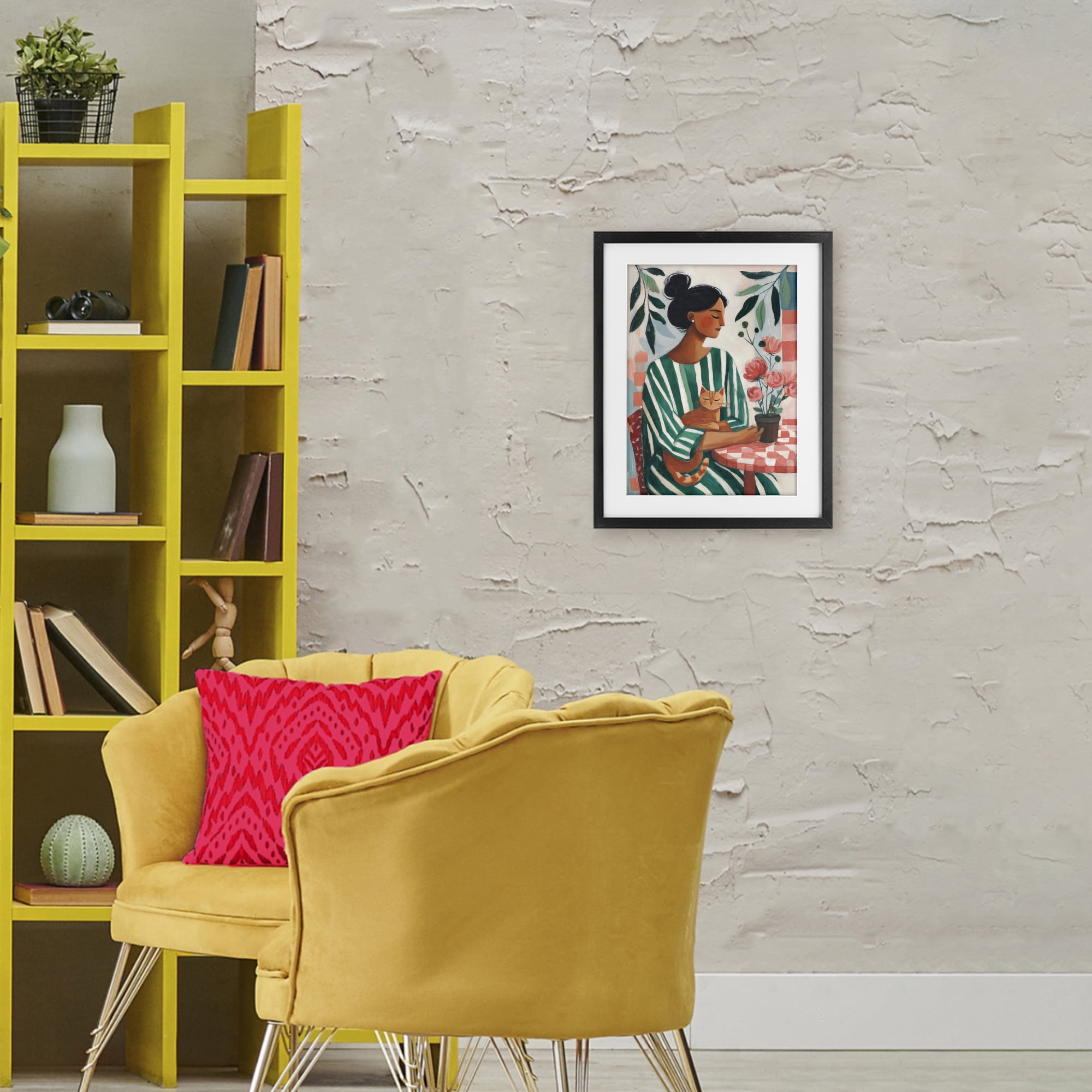 Stupell Industries Cat Lady in Striped Dress Black Framed Print Under Glass, design by Sisi and Seb