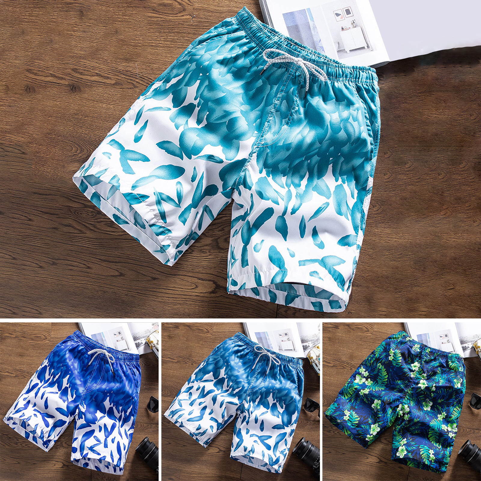 JERECY Mens Swim Trunks Colorful Feather Pattern Quick Dry Board Shorts with Drawstring and Pockets