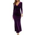 thumbnail image 2 of Oksale Womens Velvet Dresses Sexy Wrap Deep V Neck Dress Slim Fit Full Length Dresses Elegant Long Sleeve Dress for Evening Party Purple S, 2 of 6