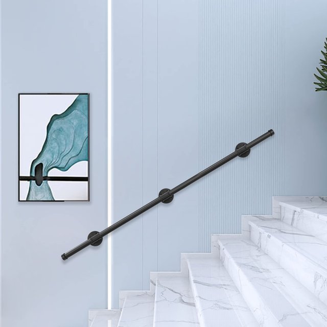 Pasamanos Escalera 150cm, Soporte de Barandilla de Escalera, Barandilla de Metal para Baño en Escaleras de Interior y Exterior, Montable en Pared Pasamanos para Escalera, Negro (Black, 150cm)