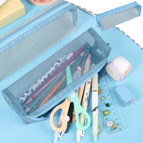 Hyknon Transparent Mesh Pencil Cases, Simple Large Capacity Stationery Bag with Zipper, Portable Rectangular Pencil Case Pouch, Multi-Functional Stationery Pouch for Makeup Office Travel Daily, Blue