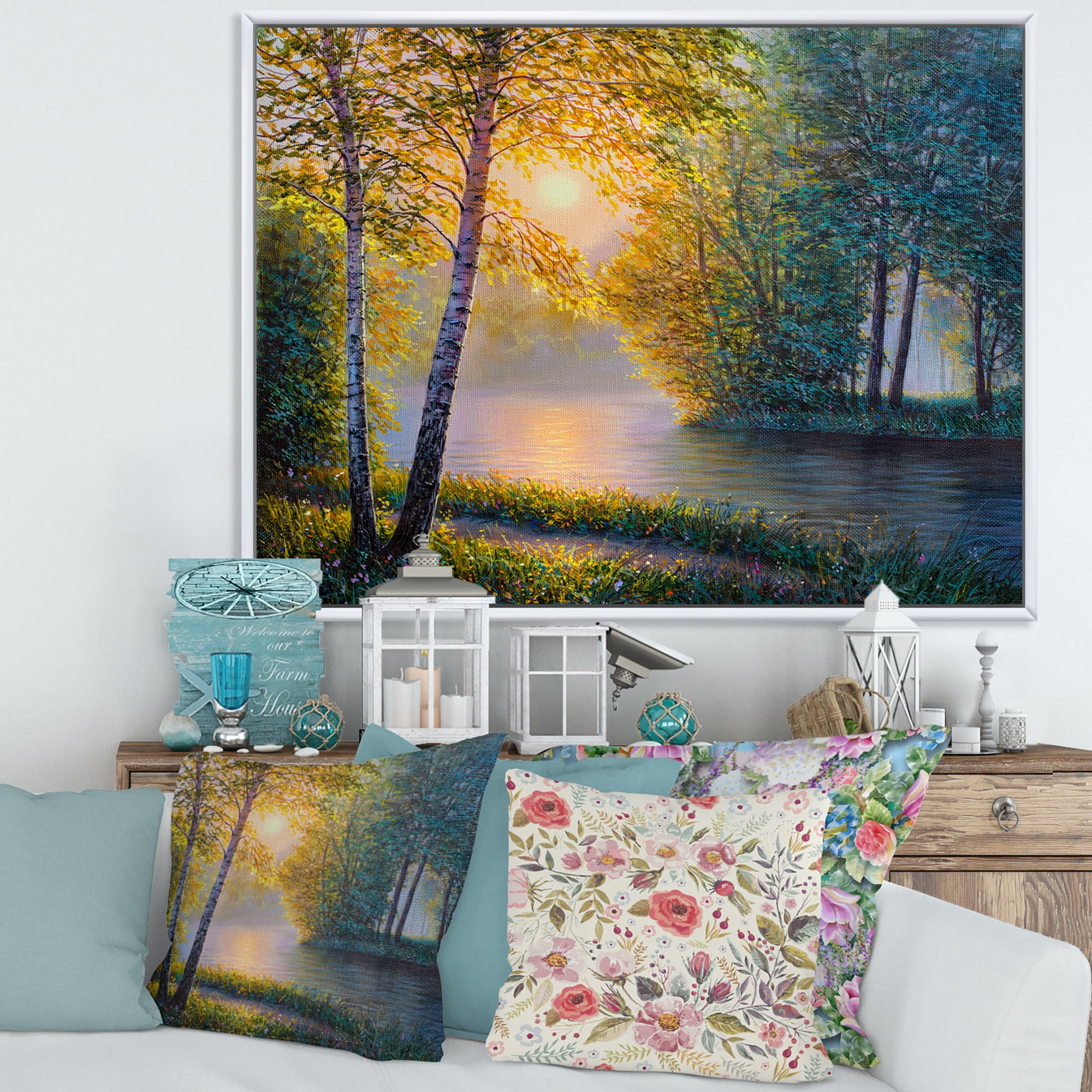 Designart 'Sunrise Summer With Beautiful River Spring Forest' Lake House Framed Canvas Wall Art Print