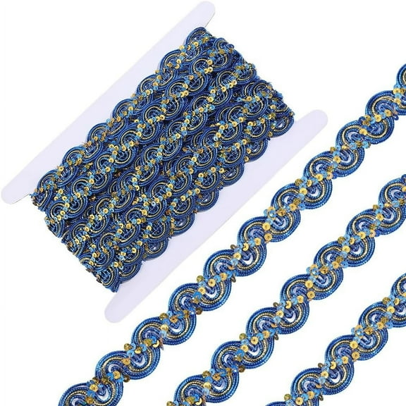 6 Yards Metallic Scalloped Edge Lace Trim Sequins Ribbon 2.3cm Blue Gimp Braid Fabric Applique Edging Trimmings Christmas Spangle Wavy Lace Strips for Sewing Wedding Curtain Home Decor diy