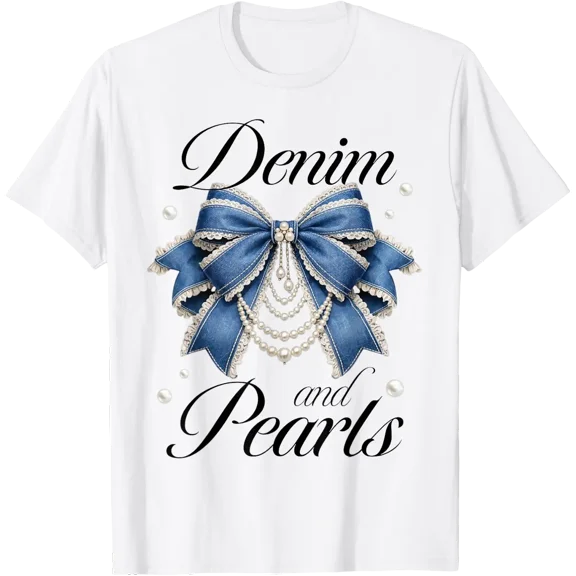 Women Denim and Pearls Princess Coquette T Shirt All Size S-5XL