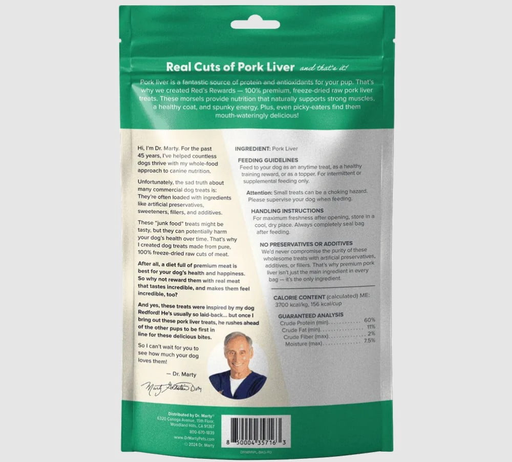 Dr. Marty Red's Rewards 100% Freeze-Dried Raw Pork Liver Dog Treats, Single-Ingredient, Grain-Free, High-Protein, 8 oz