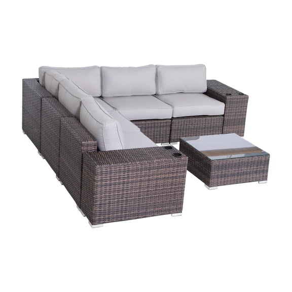 Living Source International 8-Piece Wicker Sectional Set with Cushions in Brown