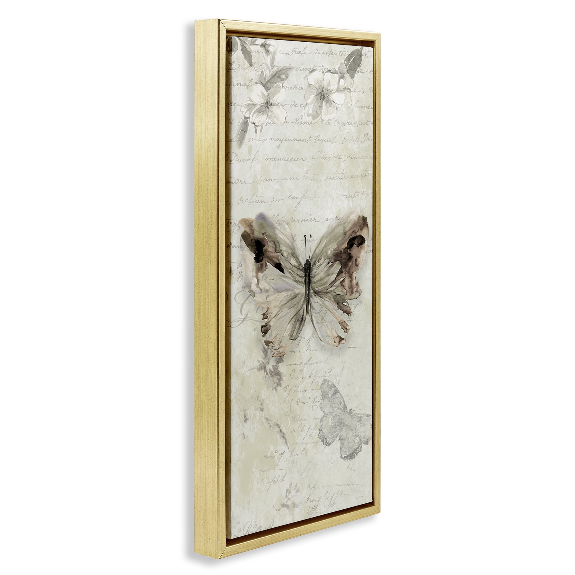 Stupell Industries Timeless Butterflies with Cursive Animals & Insects Painting Gold Floater Framed Canvas Art Print Wall Art, 11 x 25