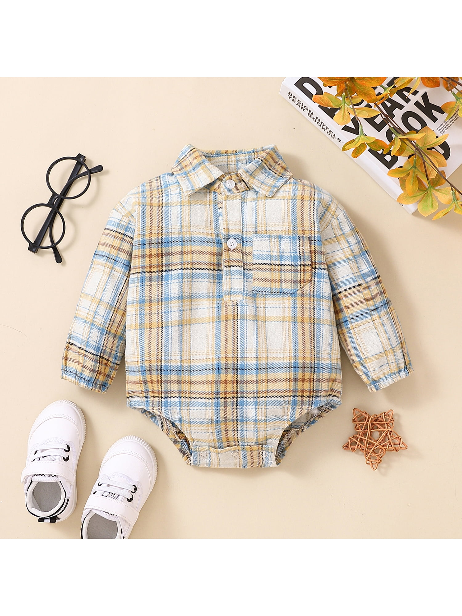 Canrulo Infant Baby Boy Plaid Shirt Romper Long Sleeve Button Down Flannel  Bodysuit Top Kids Fall Winter Clothes Brown 18-24 Months 