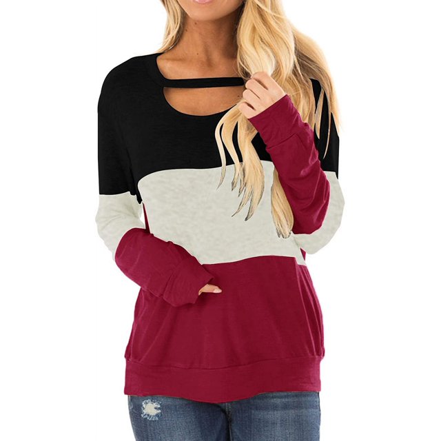 Women's Long Sleeve Tunics Color Block Cutout Sweatshirt Loose Fit Tops