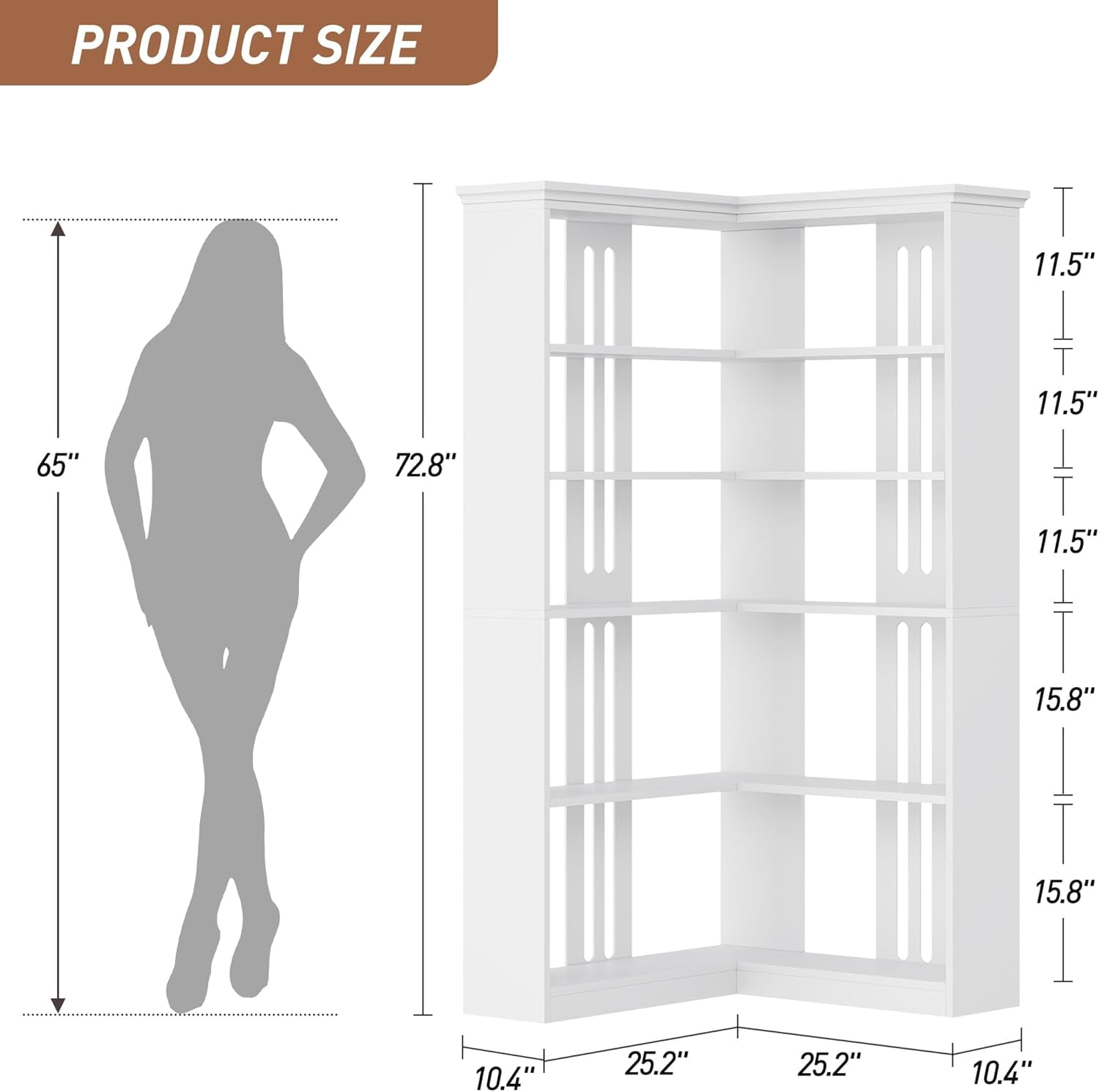 NEILA Farmhouse Corner Bookshelf – 72.8” Tall L-Shaped Bookcase with 5 Tiers, Wood Display Rack for Office and Bedroom, Half Panel Design in White